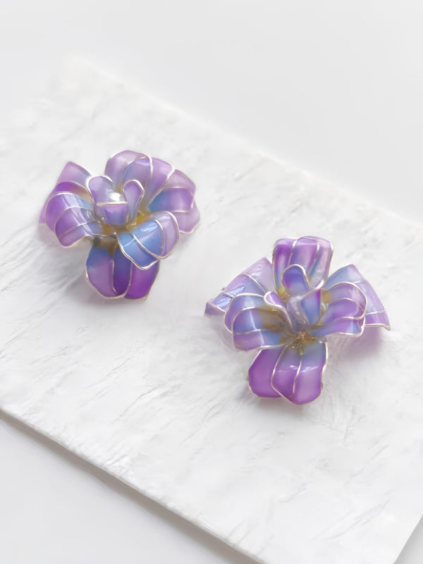 Handmade Lavender Iris Wire and Resin Flower Earrings