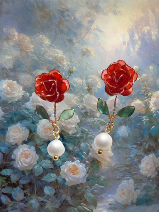 Red Rose Wire and Resin Flower Earrings