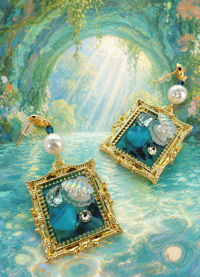 Ocean themed miniature framed classic art dangle drop earrings