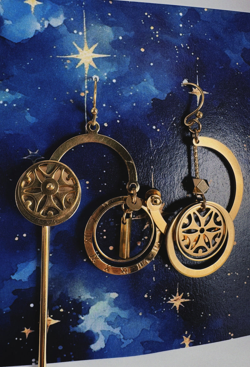 Brass Planet Galaxy Earrings, Celestial Earrings, Steampunk Metal Gear Earrings