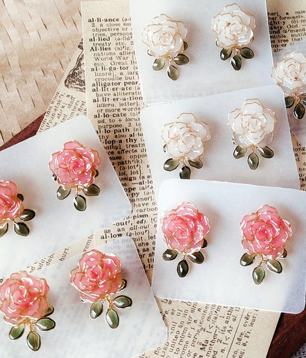 Handmade crystal Rose Wire and Resin Flower Earrings