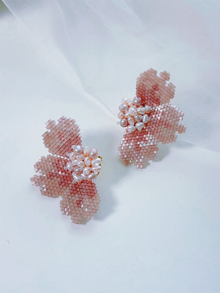 Pink Peony beaded Flower Earrings