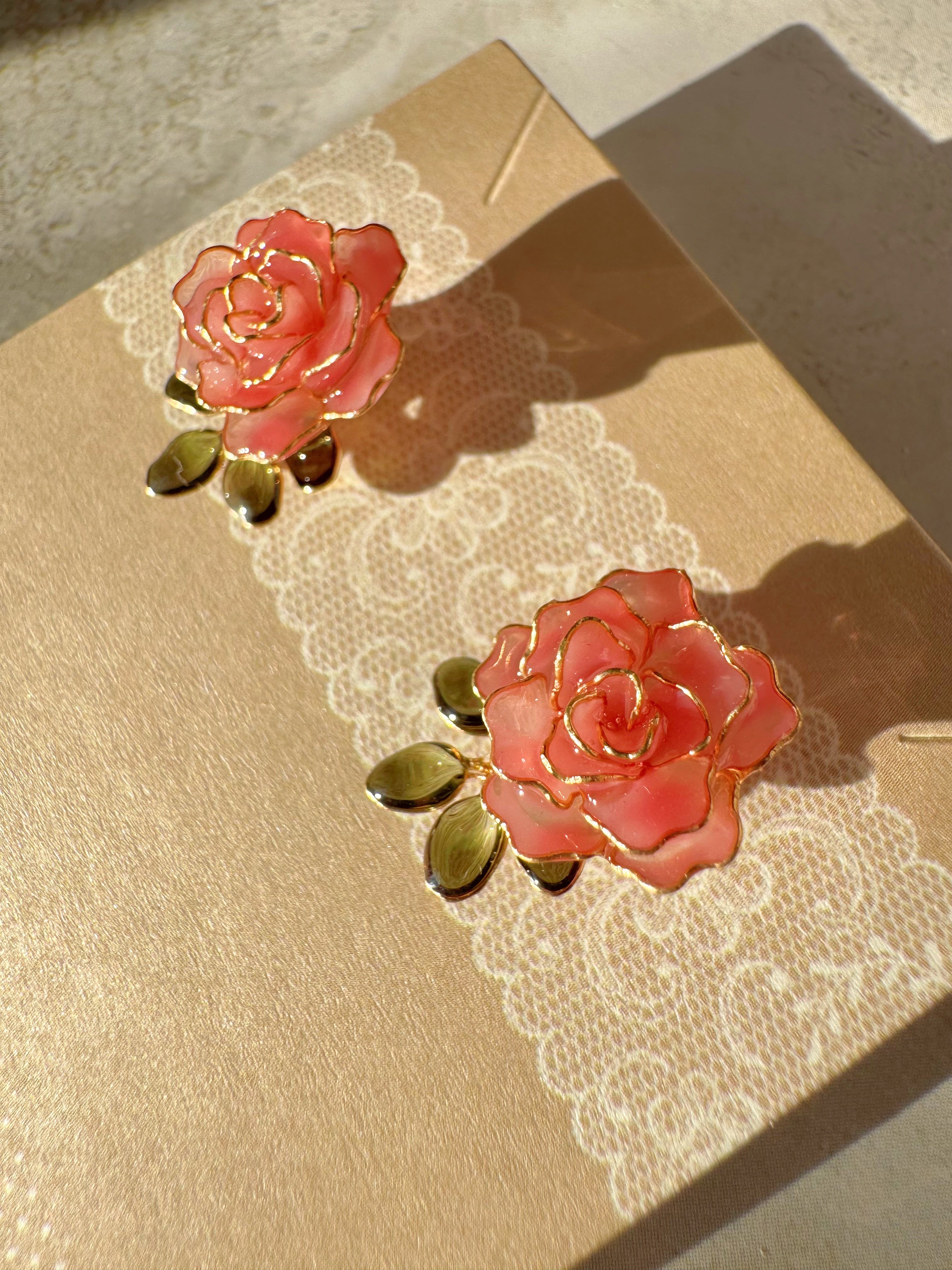 Handmade Red Rose Wire and Resin Flower Earrings