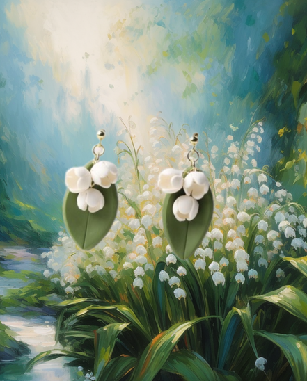 White Clay Lily of the Vally Flower Earrings