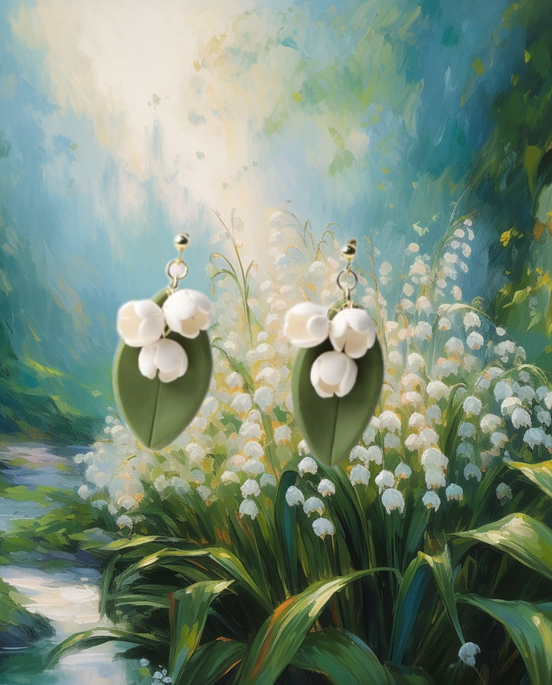 White Clay Lily of the Vally Flower Earrings