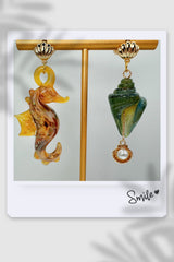 Seahorse and seashell lampwork glass earrings,