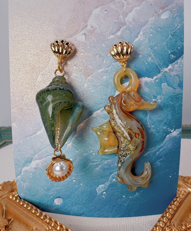 Seahorse and seashell lampwork glass earrings,