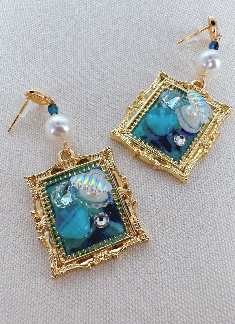 Ocean themed miniature framed classic art dangle drop earrings