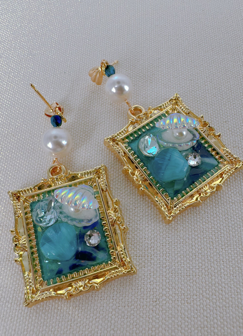 Ocean themed miniature framed classic art dangle drop earrings