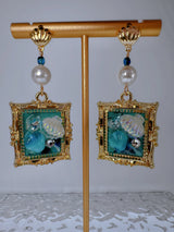 Ocean themed miniature framed classic art dangle drop earrings